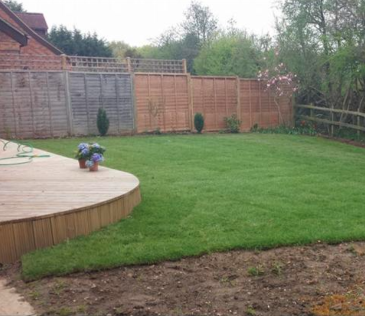 Landscaped garden with lawn and curved decking area